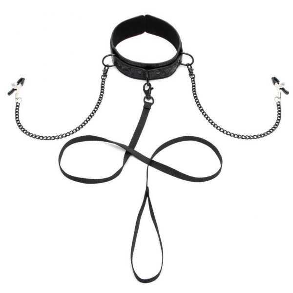 Bondage Boutique Black Rose Collar with Nipple Clamps - Sex Toys