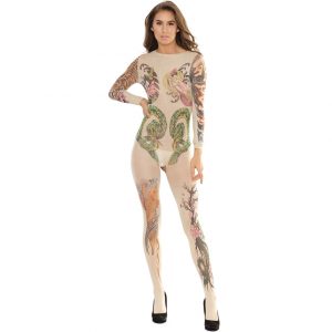 Coquette Nude Tattoo Print Crotchless Bodystocking - Sex Toys