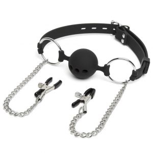 DOMINIX Deluxe Large Breathable Ball Gag with Nipple Clamps - Sex Toys