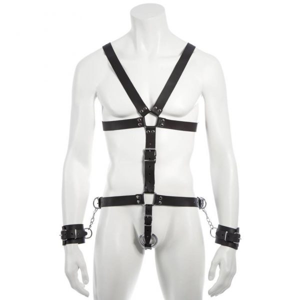 DOMINIX Deluxe Leather Body Harness with Cock Ring and Wrist Cuffs - Sex Toys