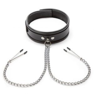 DOMINIX Deluxe Leather Collar with Nipple Clamps - Sex Toys