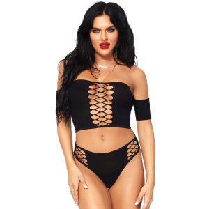 Leg Avenue Black Cut-Out Crop Top and Thong - Sex Toys