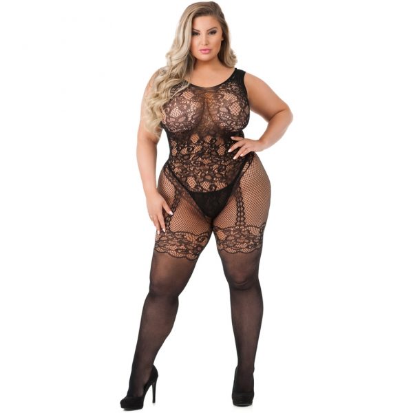 Lovehoney Plus Size Black Crotchless All-in-One Floral Lace Bodystocking - Sex Toys