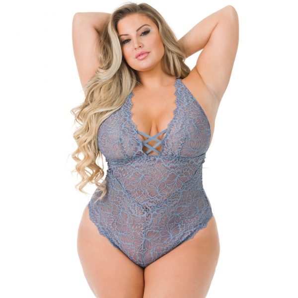 Lovehoney Plus Size Grey Shimmering Criss-Cross Lace Teddy - Sex Toys