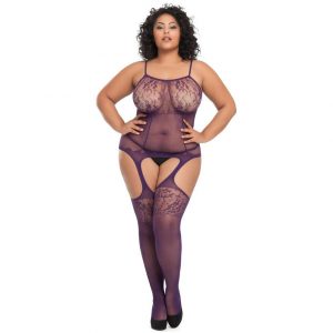 Lovehoney Plus Size Plum Fishnet and Lace Bodystocking - Sex Toys