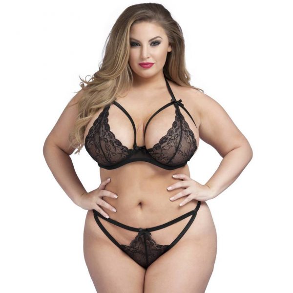 Lovehoney Plus Size Underwired Lace Triangle Bra and Crotchless G-String Set - Sex Toys