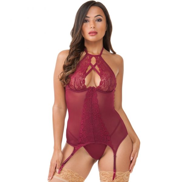 Lovehoney Twilight Temptation Wine Halterneck Basque Set - Sex Toys