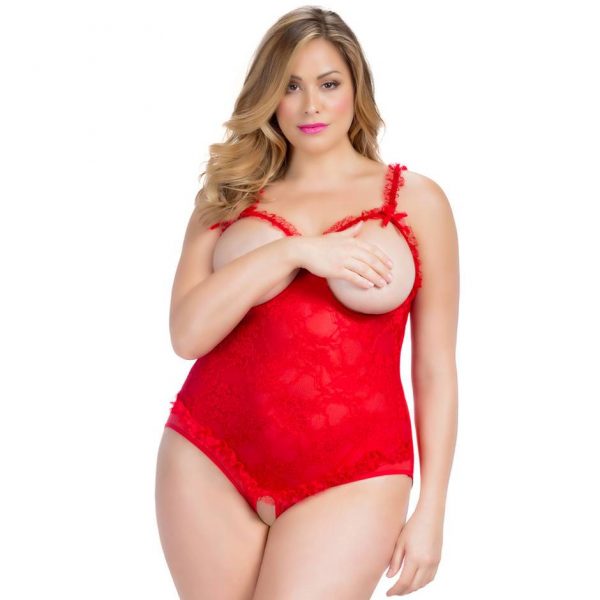 Oh La La Cheri Curves Plus Size Red Open Cup Crotchless Lace Teddy - Sex Toys