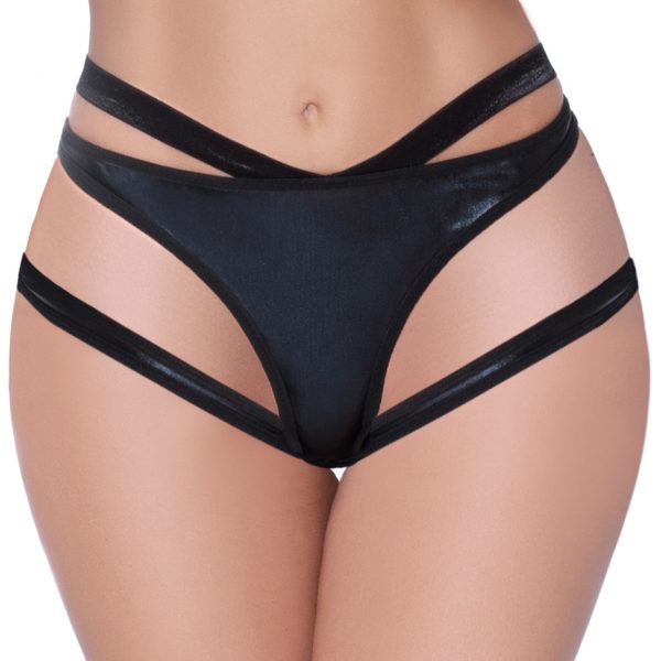Seven 'til Midnight Black Wet Look Open-Back Strappy Panties - Sex Toys