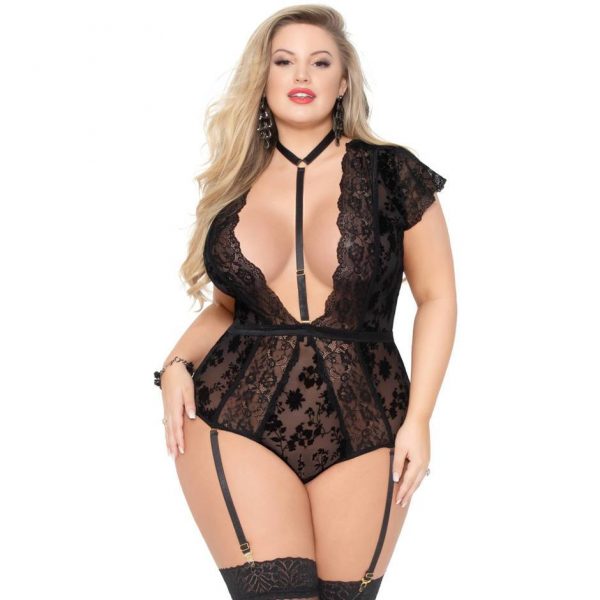 Seven 'til Midnight Plus Size Black Flocked Mesh and Lace Plunge Teddy - Sex Toys